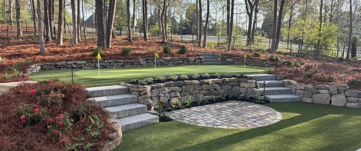 Multi level backyard with putting green