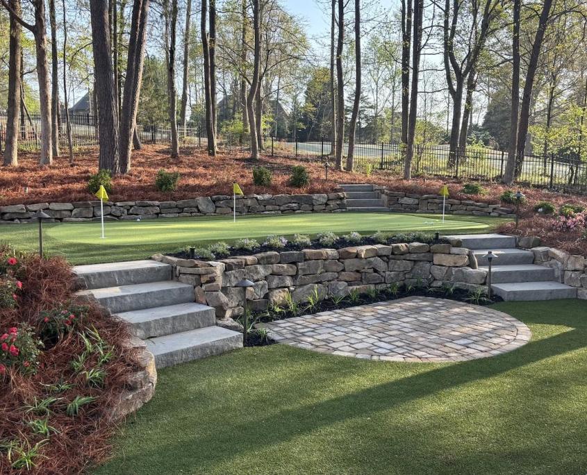 Multi level backyard with putting green