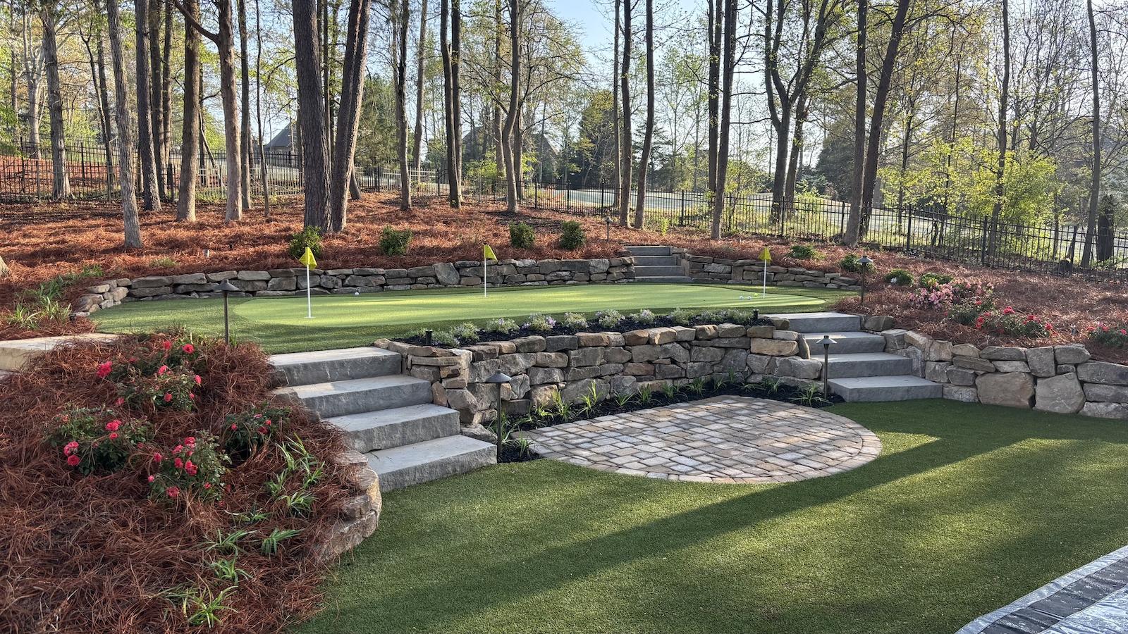 Multi level backyard with putting green